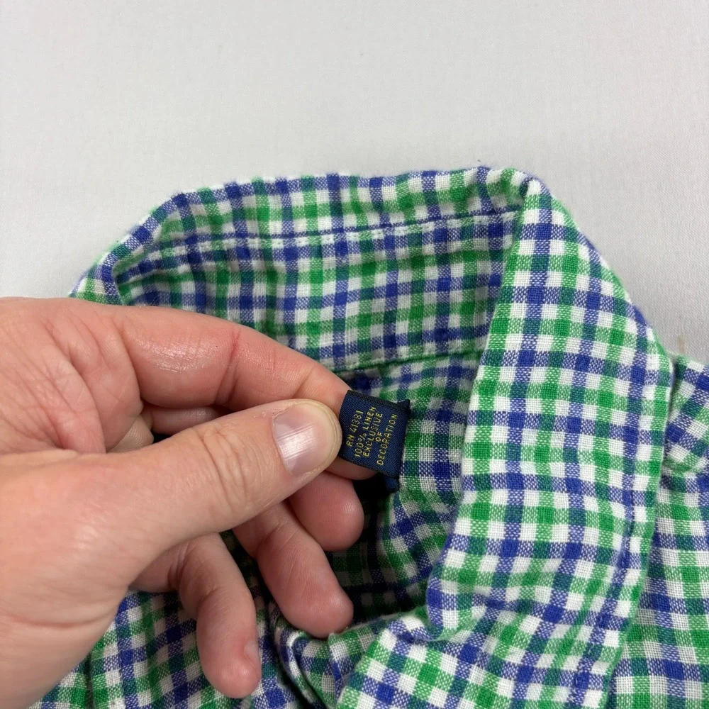 Polo Ralph Lauren Linen Shirt Mens Large Blue Green Plaid Button Up Camp Beach